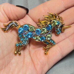 Unicorn Brooch Blue Green Rhinestone Fantasy Animal Statement Pin 3.25"